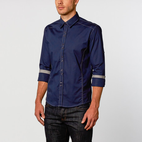 Contrast Stitched Button-Up Shirt // Navy (S)