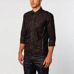 Faux Leather Trimmed Button-Up Shirt // Black (S)