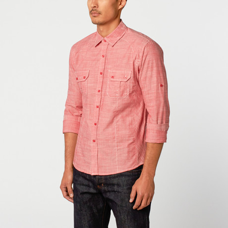 Textured Chambray Button-Up Shirt // Red (S)