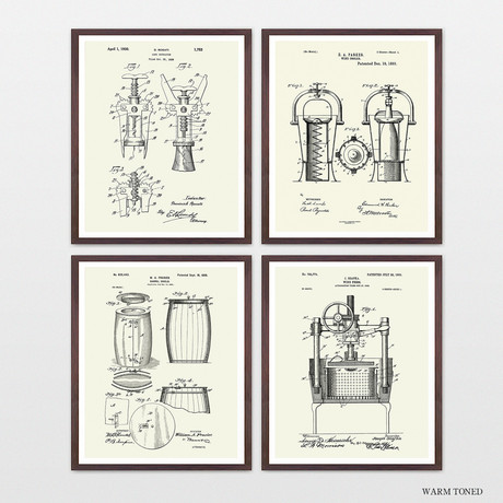 Wine Patent Art Collection // 4 Print Set // Warm Toned (8" W x 10" H)