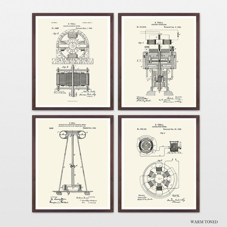 Tesla Patent Collection // 4 Print Set // Warm Toned (8"W x 10"H)