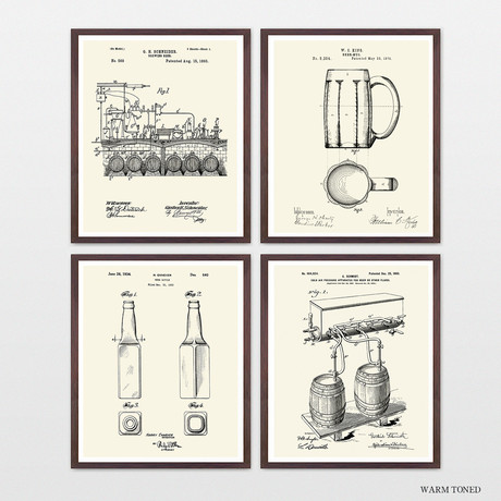 Beer Patent Collection // 4 Print Set // Warm Toned (8"W x 10"H)