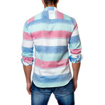 Jared Lang // Large Stripe Button-Down Shirt // Blue + Green (L)