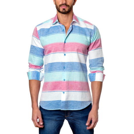 Jared Lang // Large Stripe Button-Down Shirt // Blue + Green (S)