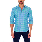 Check Print Button-Up Shirt // Blue + Mint (L)