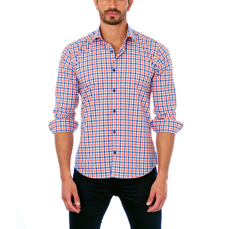 Check Print Button-Up Shirt // Blue + Orange (S)