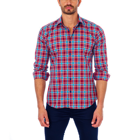 Plaid Button-Up Shirt // Red + Orange + Turquoise (S)
