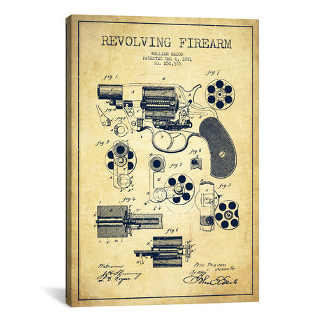 Revolving Firearm Vintage Patent Blueprint // Aged Pixel (18"W x 26"H x 0.75"D)