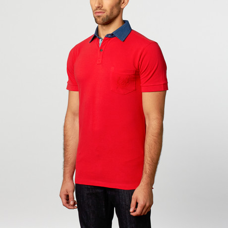 Polo Shirt // Red + Blue + Blue Contrast Floral (S)