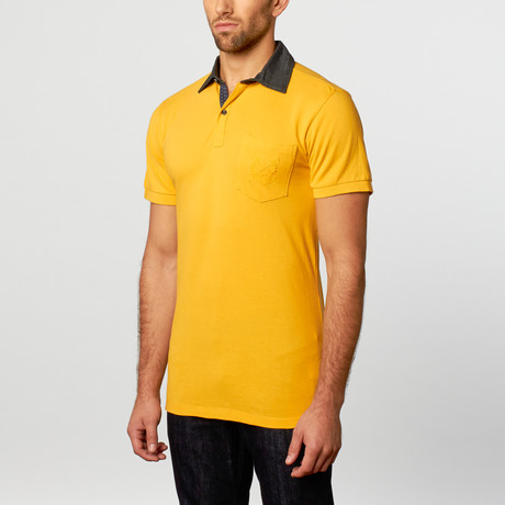 Polo Shirt // Yellow + Balck + Black Contrast Floral Trim (S)