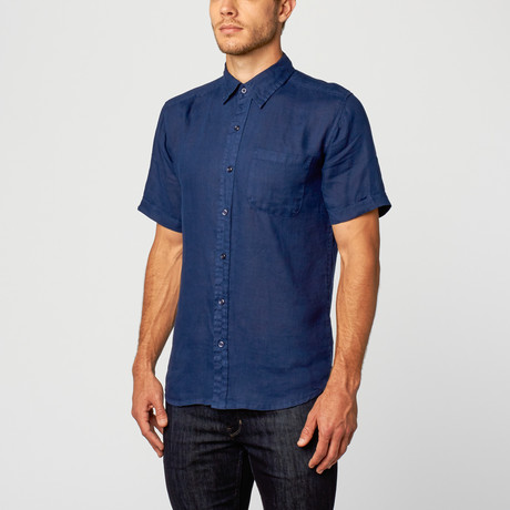 Natural Blue // Short Sleeve Linen Modern Fit Shirt // Navy (M)