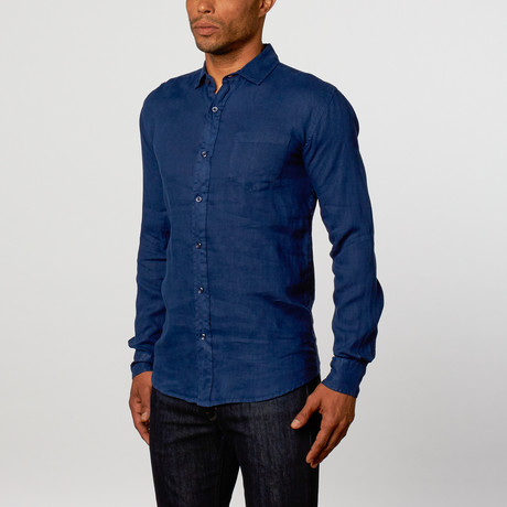 Natural Blue // Long Sleeve Linen Modern Fit Shirt // Navy (S)