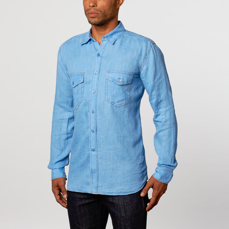 Track Stitch Pigment Printed Linen Shirt // Blue (S)