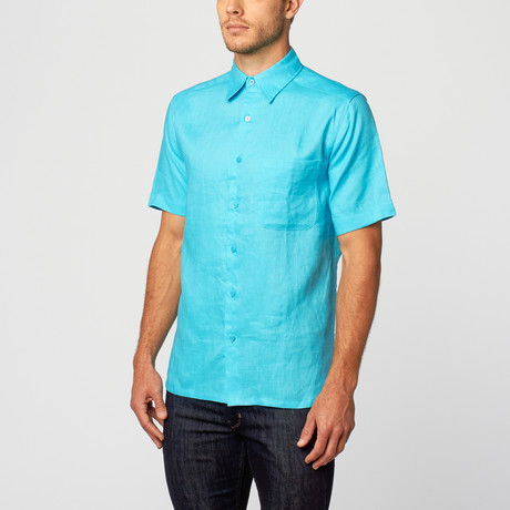 Short Sleeve Classic Fit Linen Shirt // Blue (M)