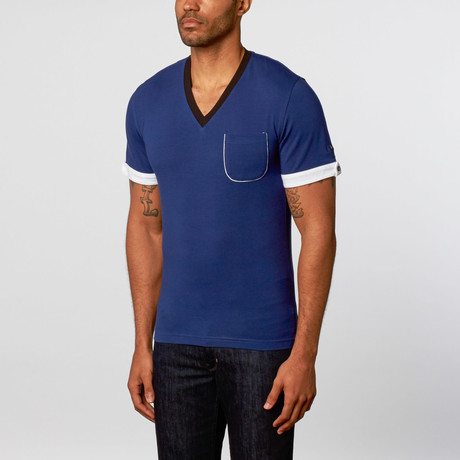 Maceoo // Short-Sleeve V-Neck // White + Indigo (S)