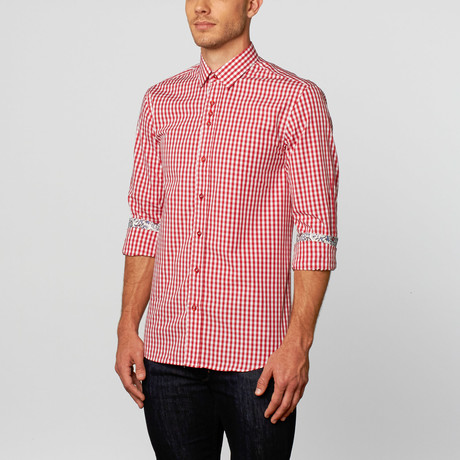 Checkered Button-Up + Paisley Trim // Red + White (S)