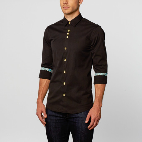 Solid Button-Up + Paisley Trim // Black (S)