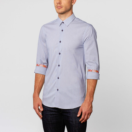 Domani Fashion // Solid Button-Up + Floral Trim // Blue (S)