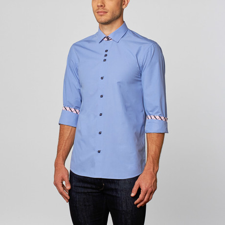 Solid Button-Up + Plaid Trim // Light Blue + Pink (S)