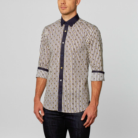 Paisley Button Up // White + Navy + Yellow Stripe (S)