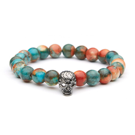 Natural Stone With Skull Charm // Teal + Red + Silver