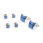 Cufflink + Stud Set // Silver Square + Blue Enamel Center