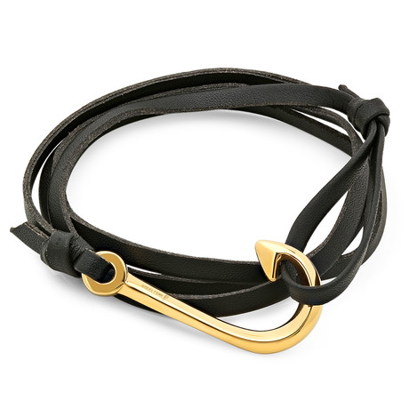 Leather Wrap Around Fishhook Bracelet // Black + Gold