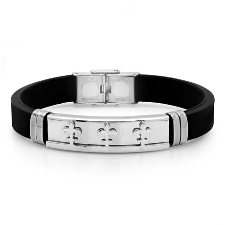 Rubber Fleur-De-Lis ID Bracelet // Black + Silver