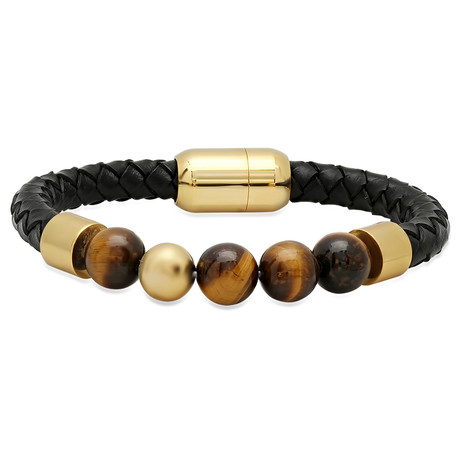 Beaded Leather Bracelet // Black + Tiger Eye + Gold