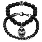 Lava Beaded Skull Black IP Chain Bracelets // Black // Set of 2