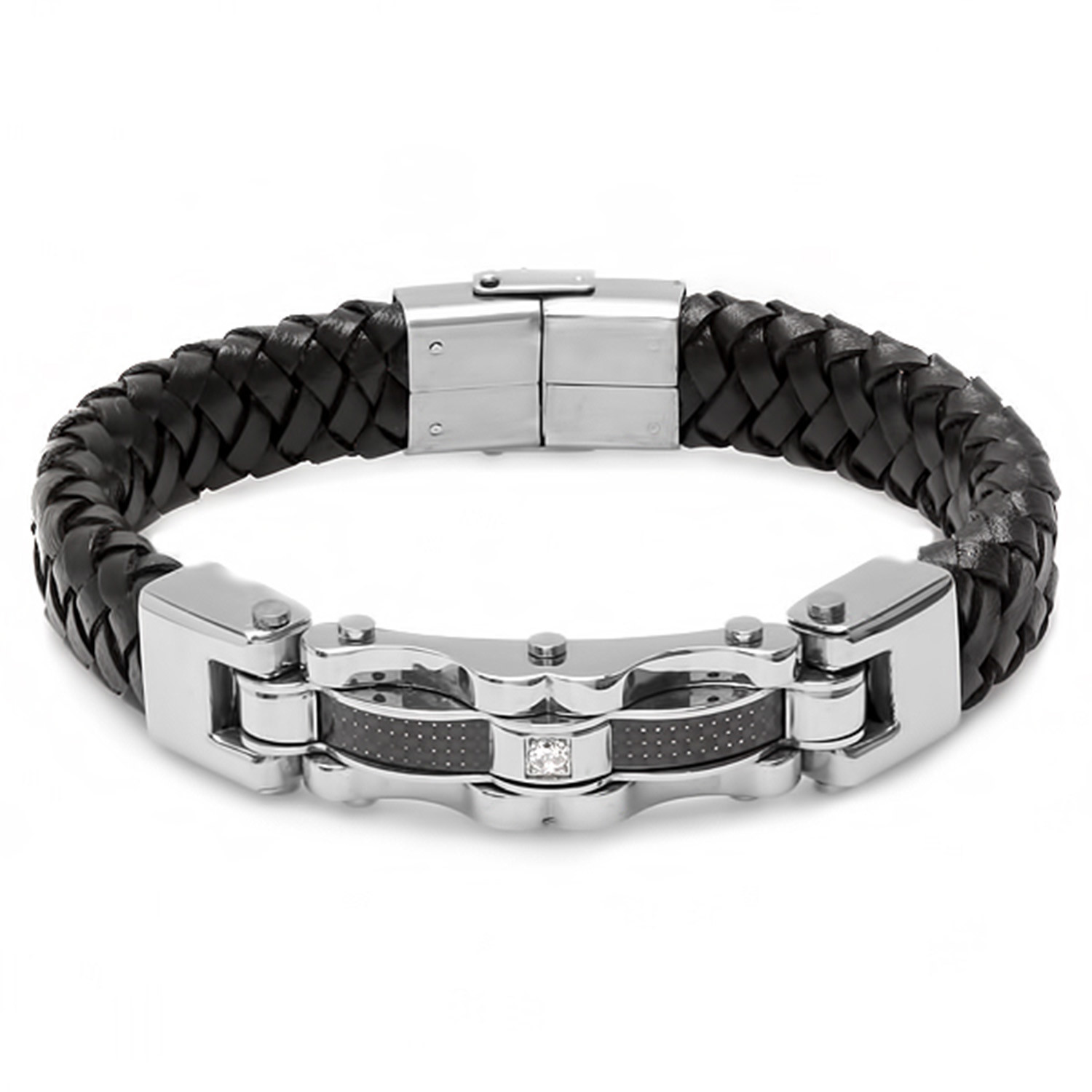 Carbon Fiber Braided Leather Bracelet // Silver + Black - HMY Jewelry ...