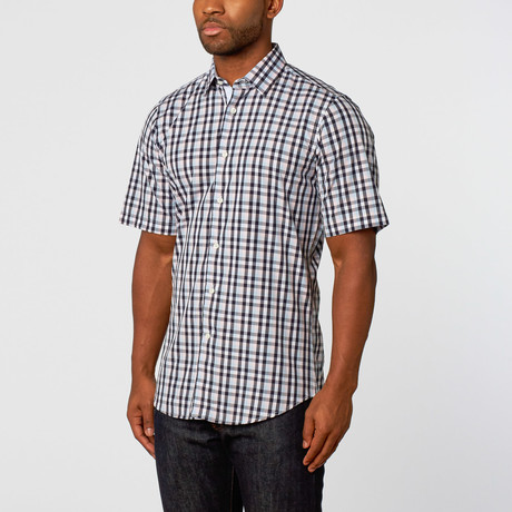 Short Sleeve Button-Up // Black + Pink + Blue Checkered (S)