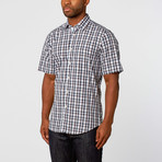 Short Sleeve Button-Up // Black + Pink + Blue Checkered (L)