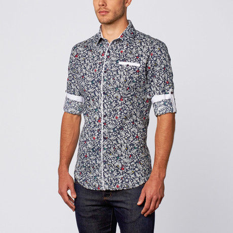 Wildflower Print Button-Up Shirt // Navy (L)