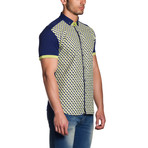 Short Sleeve Button-Down Shirt // Blue + Lime Green Cubes (S)