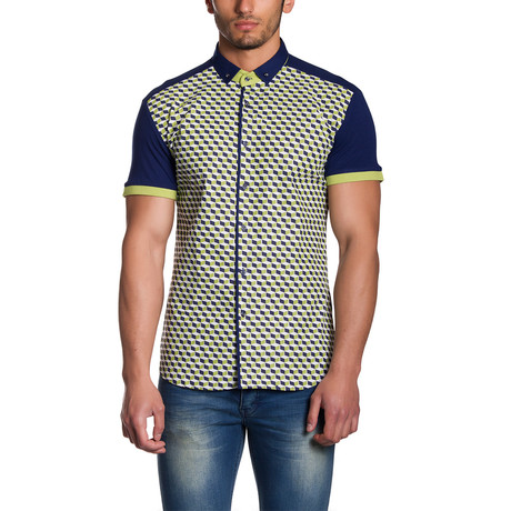 Short Sleeve Button-Down Shirt // Blue + Lime Green Cubes (S)