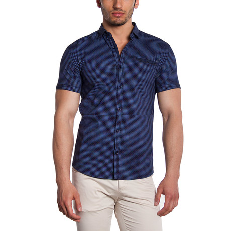 MCR Moda Crise // Short Sleeve Button-Down Shirt // Blue Geometric (S)