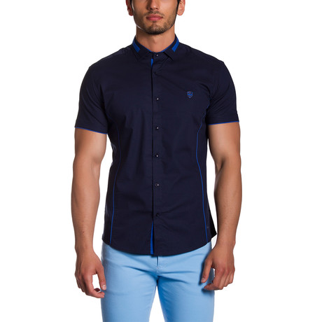 MCR Moda Crise // Button-Down Shirt // Dark Blue + Blue Embroidery (S)