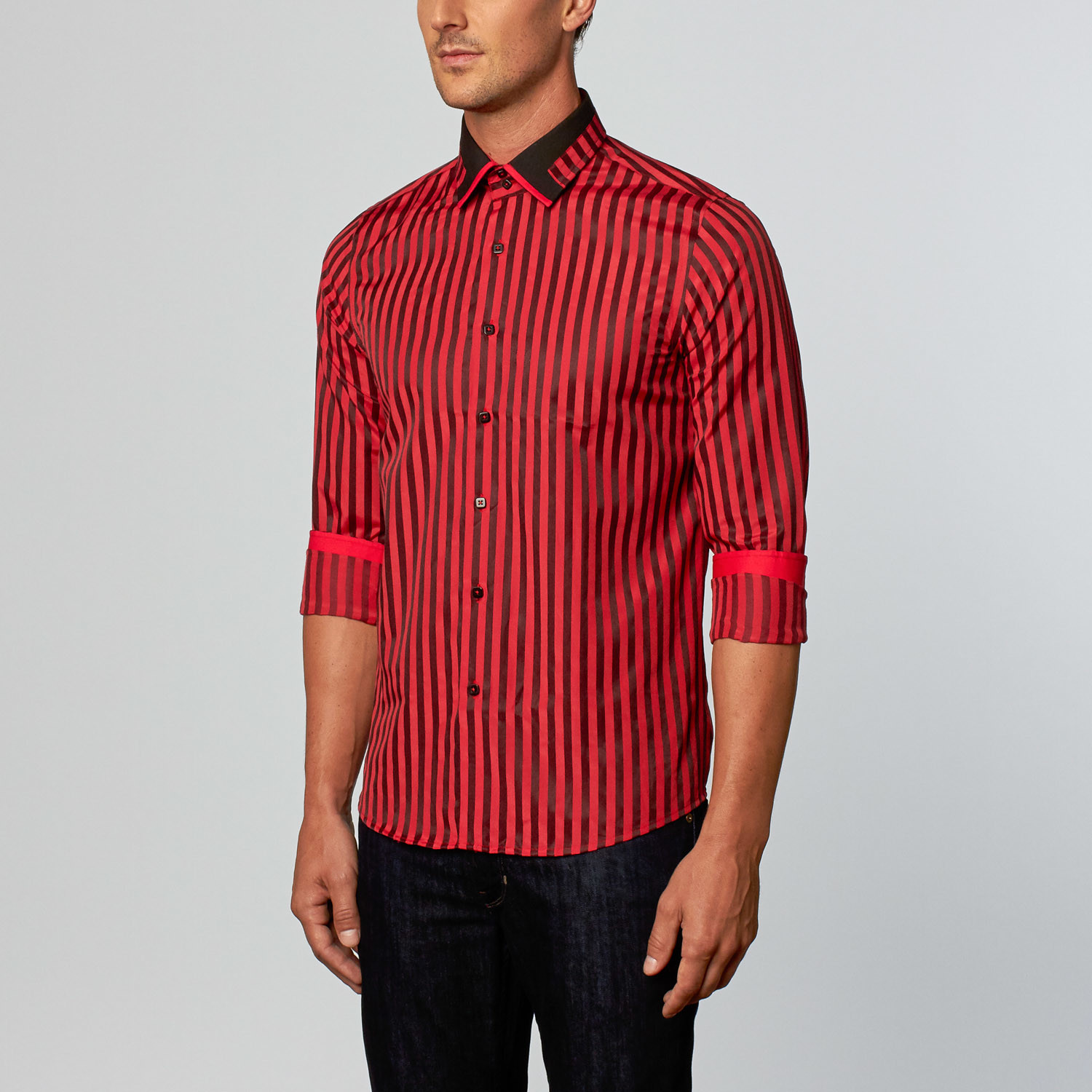 black dress shirt with red collar