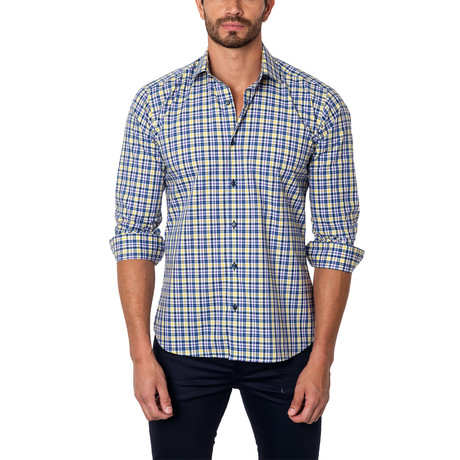 Jared Lang // Medium Plaid Button-Up Shirt // Navy + Yellow (2XL)