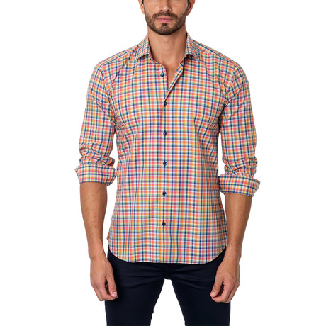 Medium Print Plaid Button-Up Shirt // Blue + Salmon (S)