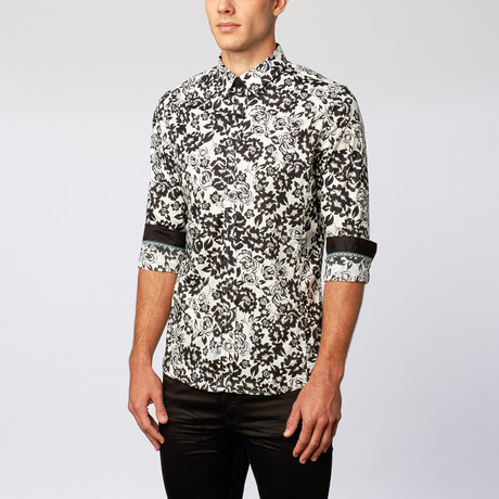 Button-Up Shirt // Black +White Flora (S)