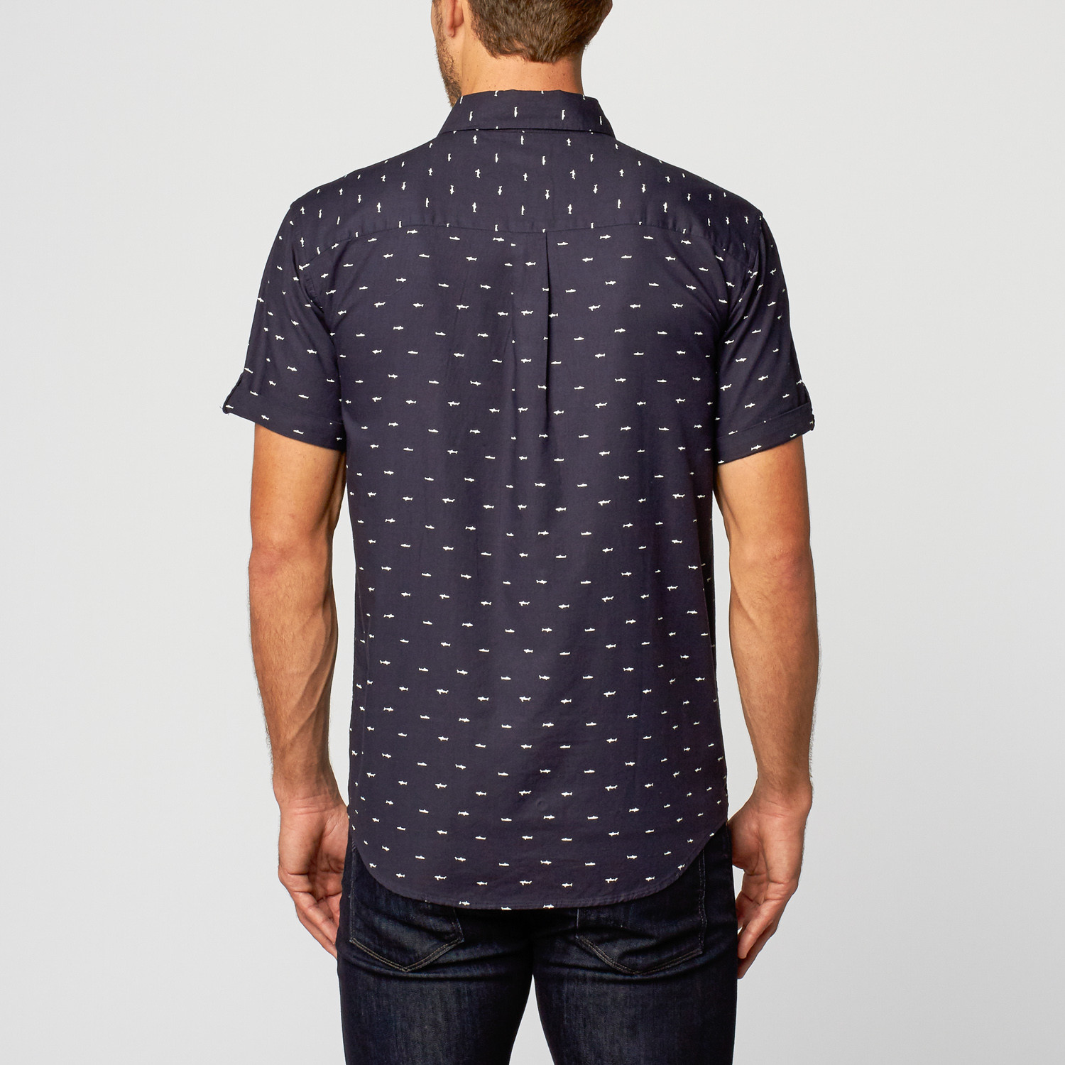 Short Sleeve Shark Print Shirt // Navy (M) - Natural Blue - Touch of Modern