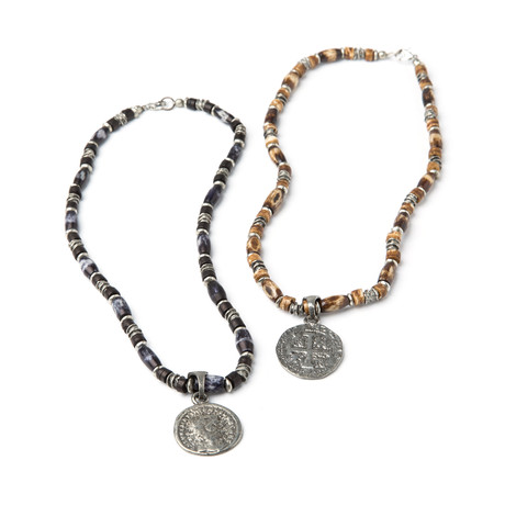Antique Coins on Horn Bead Necklaces // Set of 2