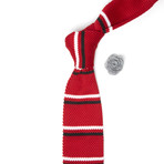 Knit Tie + Lapel Flower // Red Stripes (Maroon Lapel Flower)