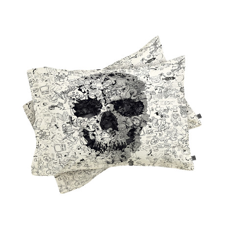 Doodle Skull BW Pillow Case // Set of 2
