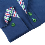 Solid Button-Up + Plaid Trim // Navy (2XL)