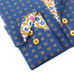 Classic Button-Up + Floral Trim // Navy + Yellow Dot (L)