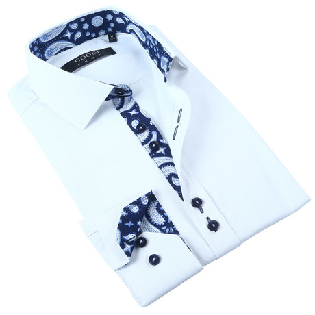 Solid Button-Up + Paisley Trim // White (S)