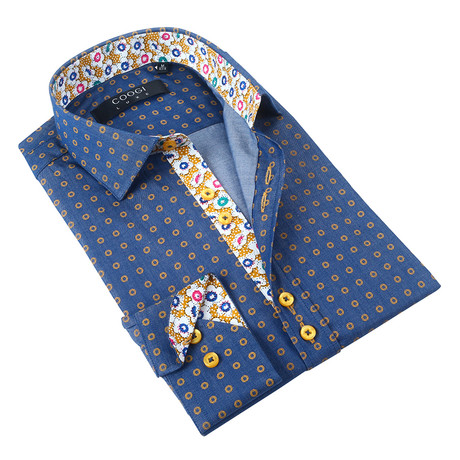 Classic Button-Up + Floral Trim // Navy + Yellow Dot (S)